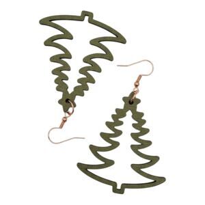 Green Wood Christmas Tree Earrings Large Festive Holiday Dangle 3" New